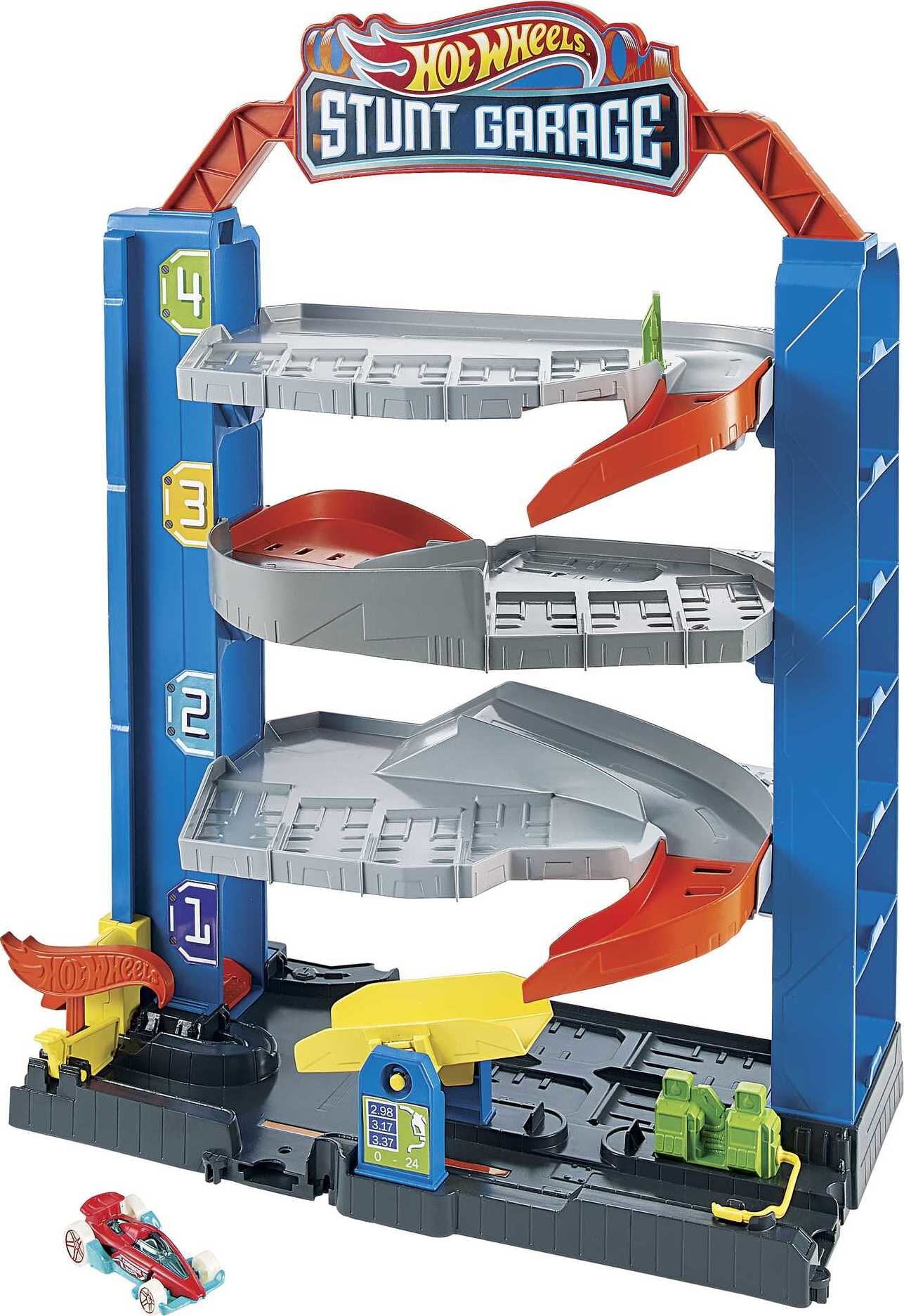Hot Wheels City Stunt Garage Playset with 1 Toy Car in 1:64 Scale and Storage for 20+ Vehicles