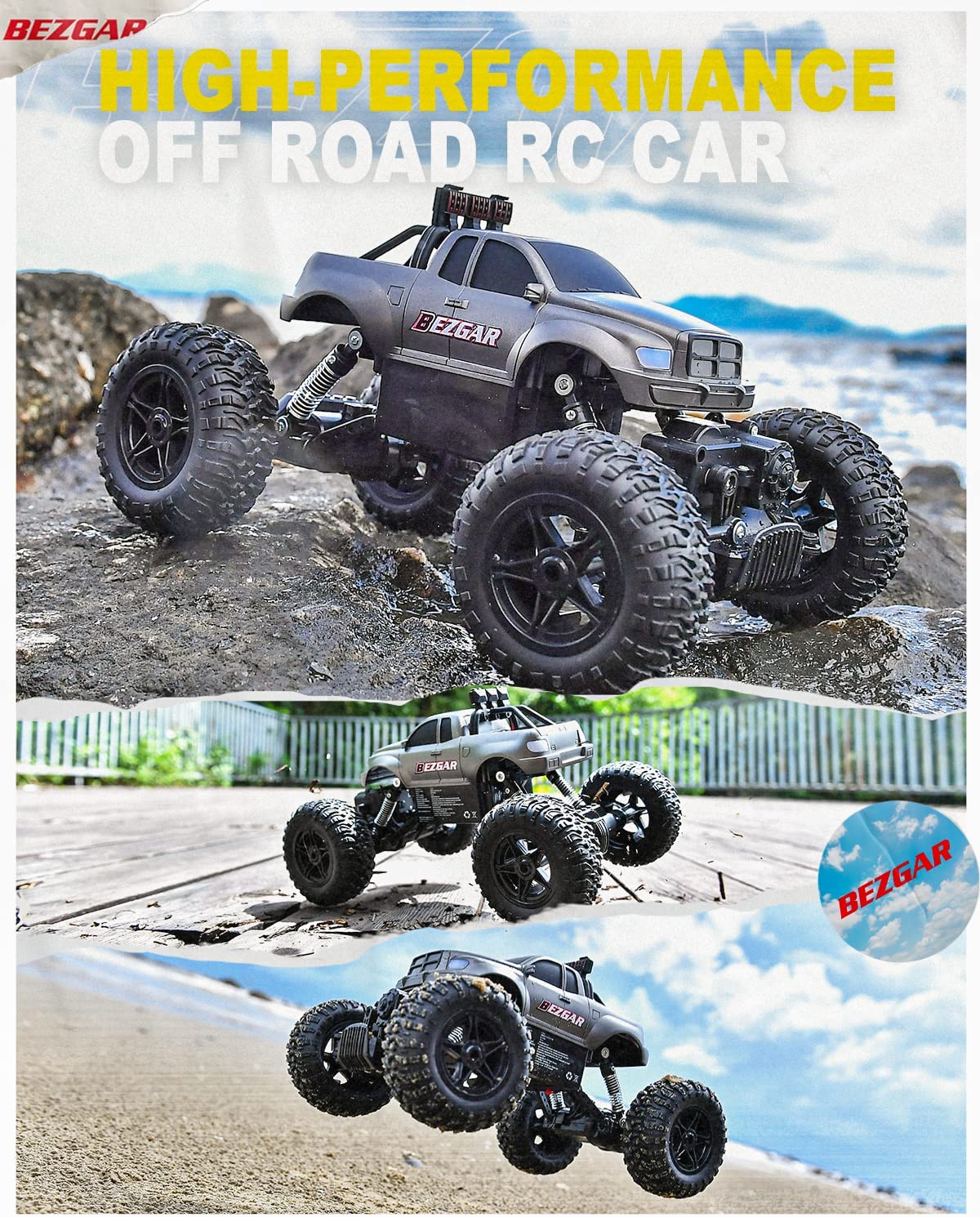 Bezgar 1:14 RC Cars Remote Control Monster Truck， Radio Controlled Truck off-Road Rock Crawler Remote Control Car for Boys Kids Adults