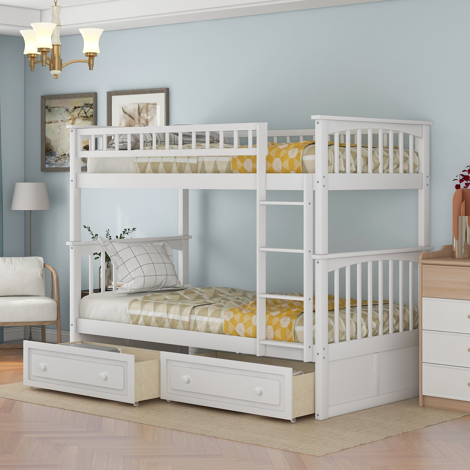 Euroco Twin Wood Bunk Bed with Drawers for Kids' Bedroom, White