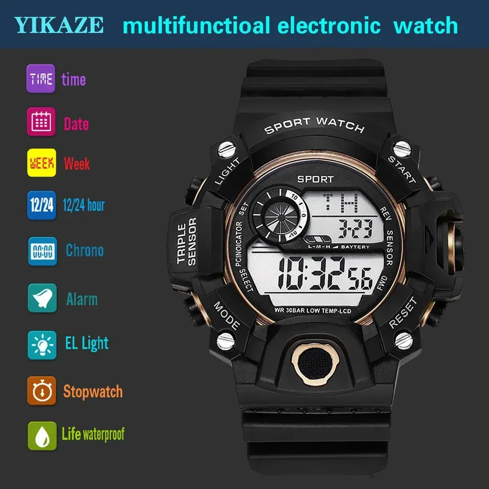 LIUYANGTIAN Fashion Men's Watch Sports Electronic Wristwatch Large dial Multifunctional Waterproof Luminous Alarm Kids Male's Military Watch