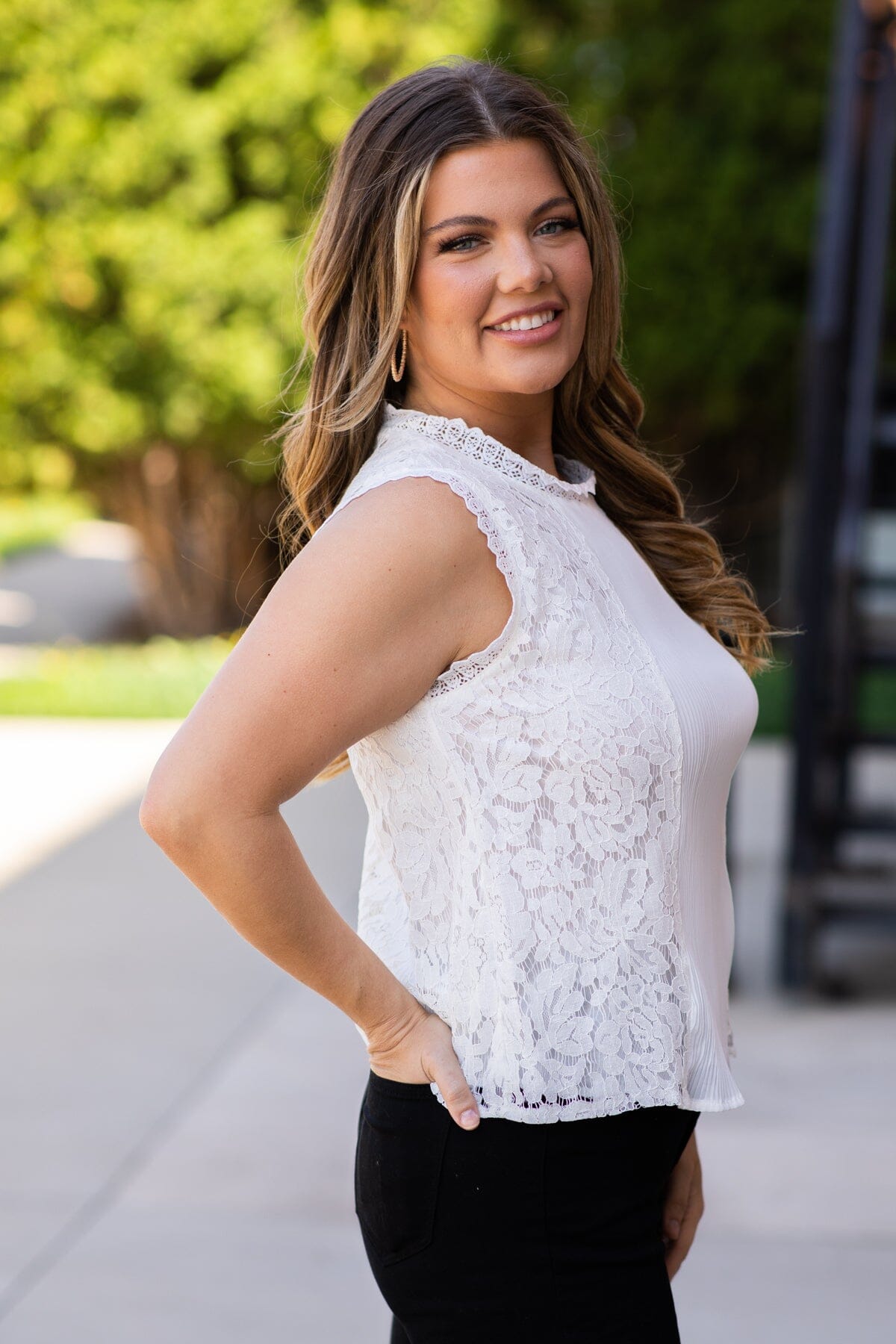 Off White Lace Crystal Pleaf Top