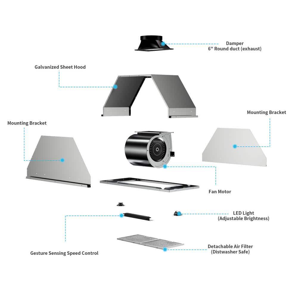 HisoHu 3543 in 900 CFM Ducted Insert Range Hood in Stainless Steel with LED Lights