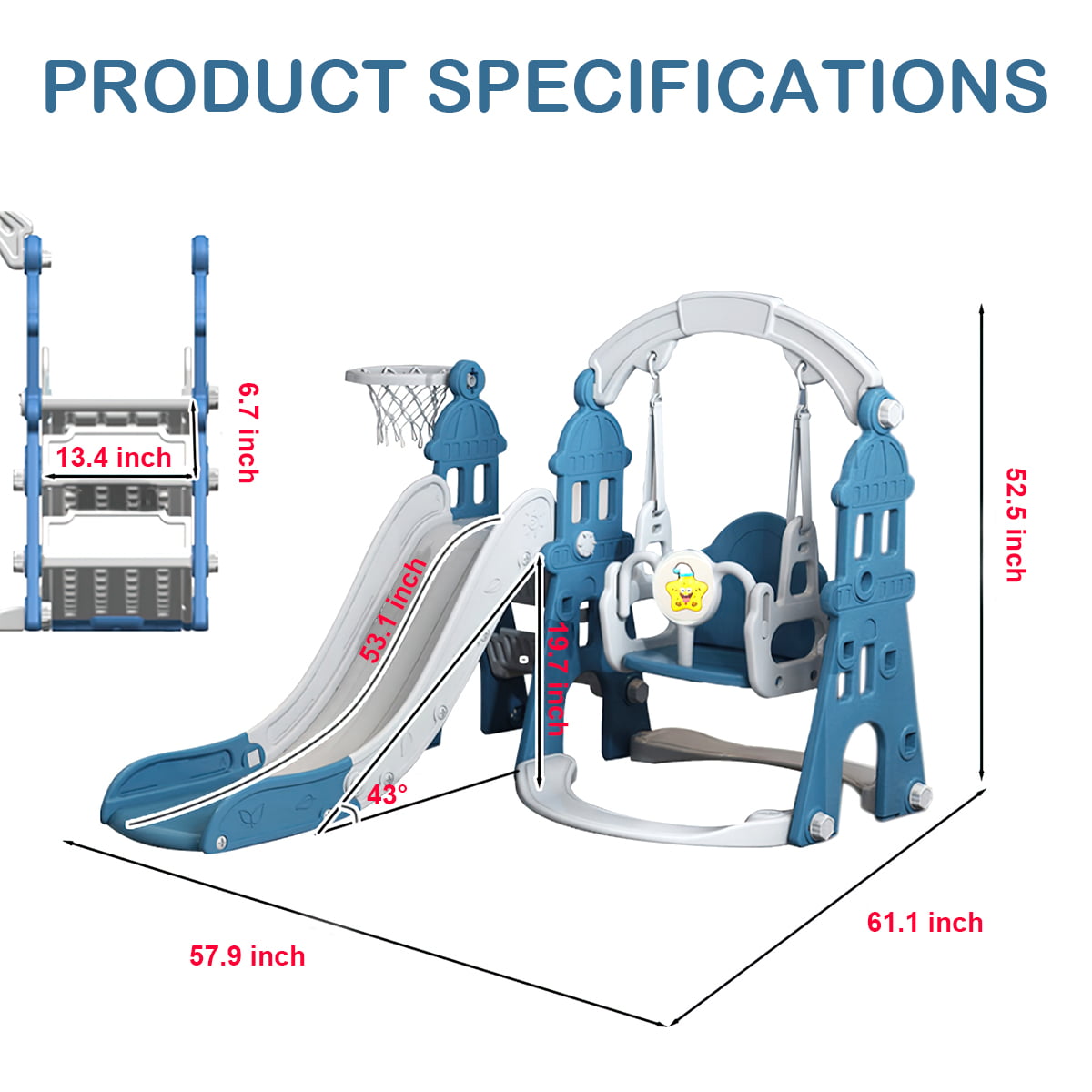 4 in 1 Toddler Slide and Swing Set， Kid Indoor Playground， Combination Slide Swing with Basketball Hoop， Extra Long Slide