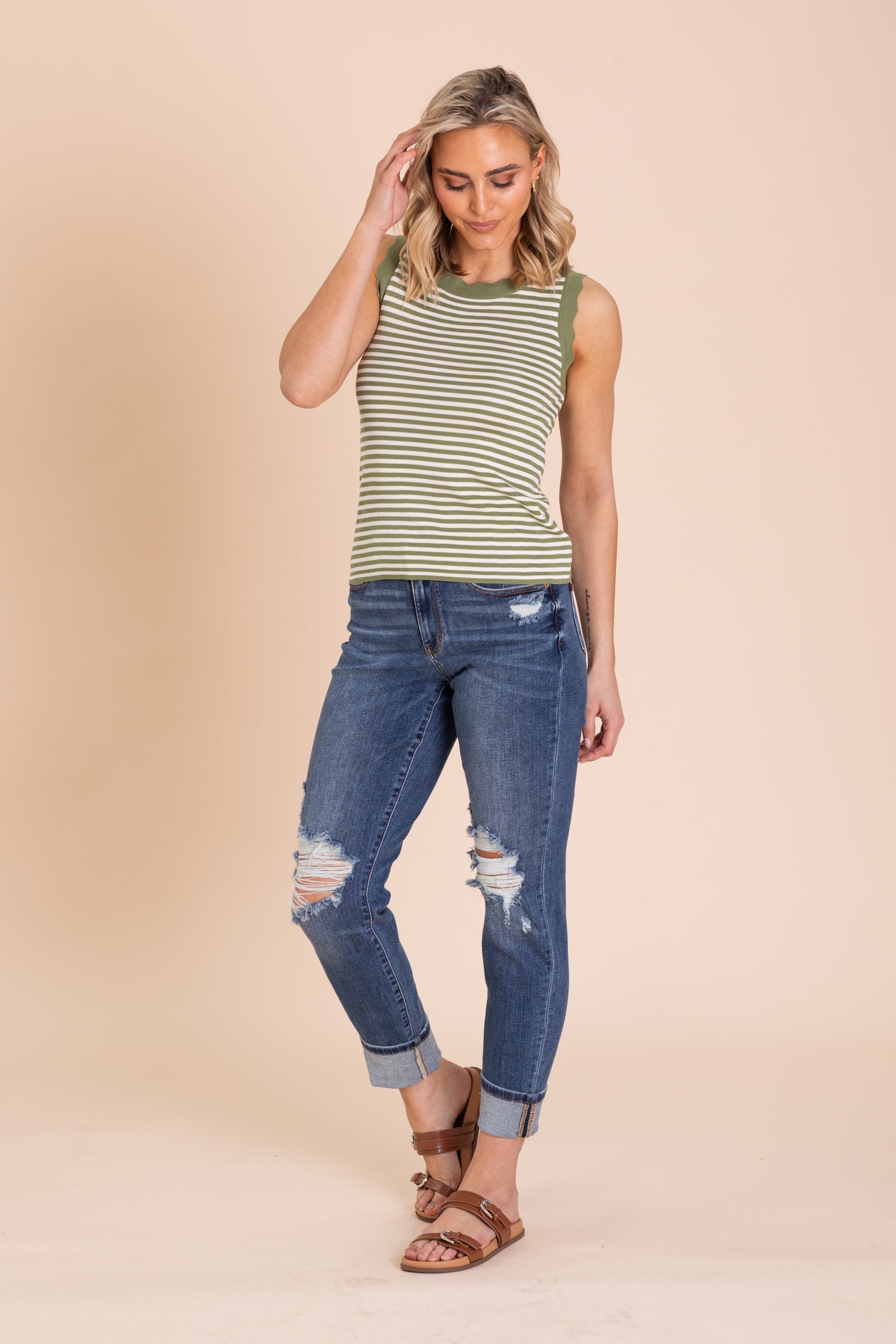 Stripe Scallop Detail Sweater Knit Tank