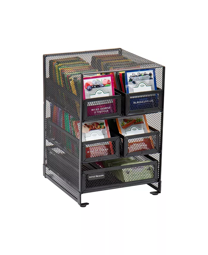 Mind Reader Network Collection， 5-Compartment Tea Organizer， 120 Tea Bag Capacity， Countertop Organizer， Metal Mesh