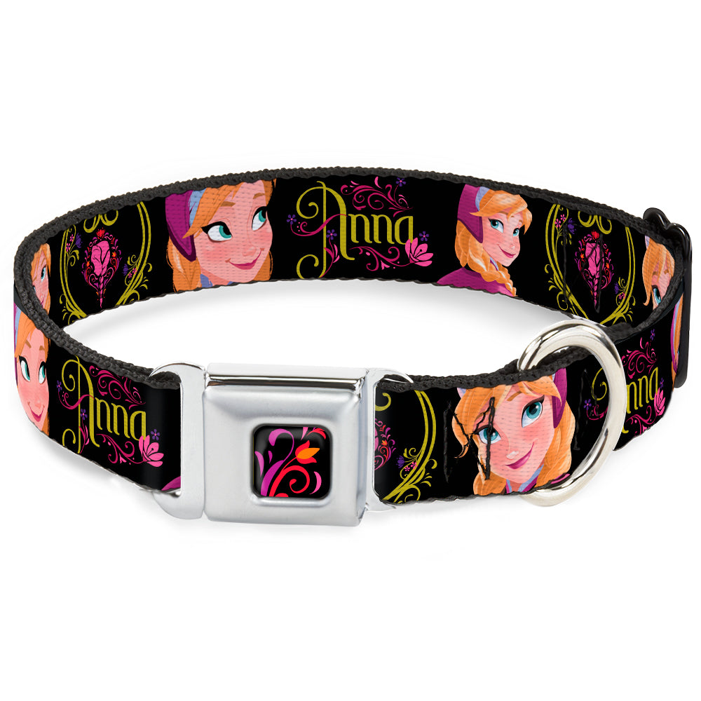 Disney Pet Collar， Dog Collar Metal Seatbelt Buckle， Anna Poses Anna Monogram Heart Cameo Pinks Yellow， 13 to 17 Inches 1.5 Inch Wide