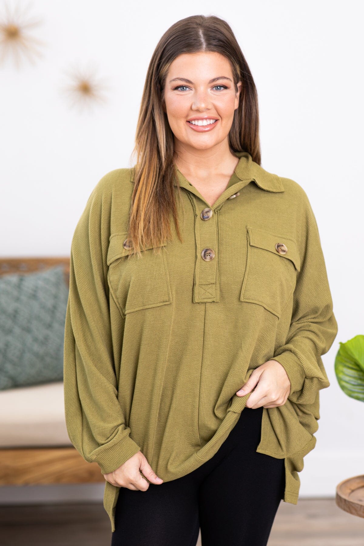 Olive Pullover With Pocket Detail