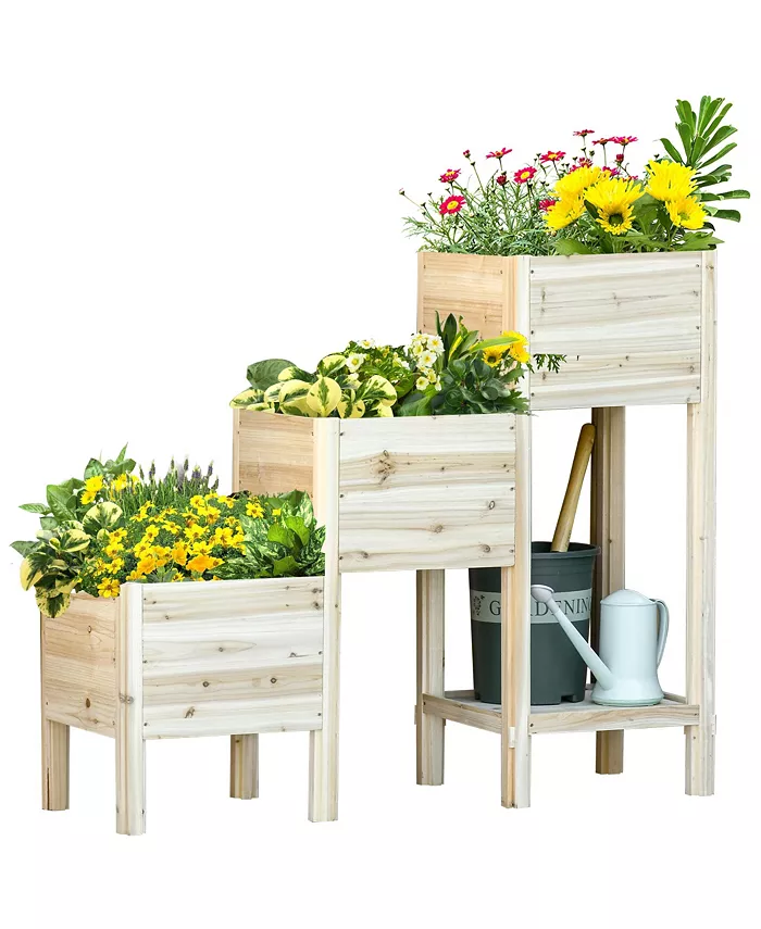 Outsunny 3 Tier Raised Garden Bed w  Storage Shelf， Wooden Planter Box Kit