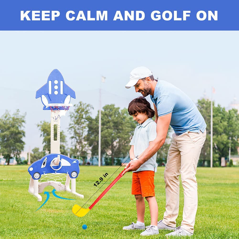 MEZOOM 3-in-1 Basketball Hoop for Kids Toddler Basketball Hoop Sports Indoor Outdoor Adjustable Play Set for Children w/ Soccer Goal， Ring Toss