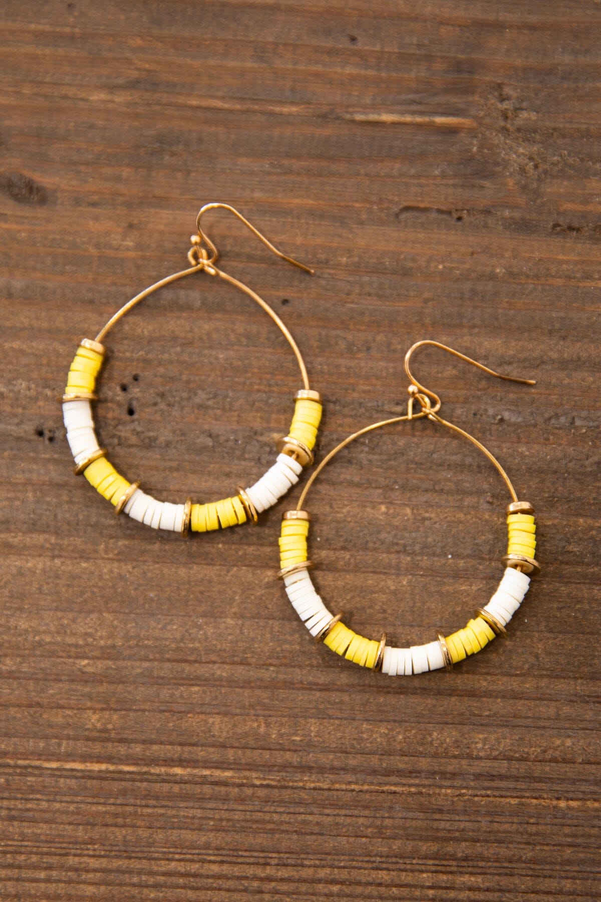 Yellow and White Disc Bead Hoop Earrings