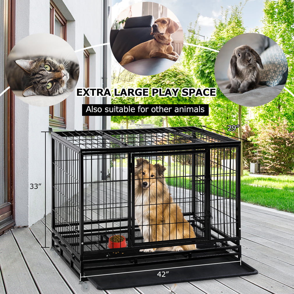 Dkelincs 42 inch Dog Cage Heavy Duty XL Dog Crate and Kennels with Wheels and Tray Dog Kennel with Double Doors for Dog Training