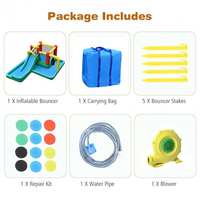Inflatable Slide Water Park Climbing Bouncer Bounce House w/Tunnel and 735W Blower