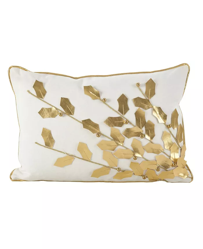 Saro Lifestyle Metallic Poinsettia Branch Design Holiday Cotton Polyester Filled Throw Pillow， 12
