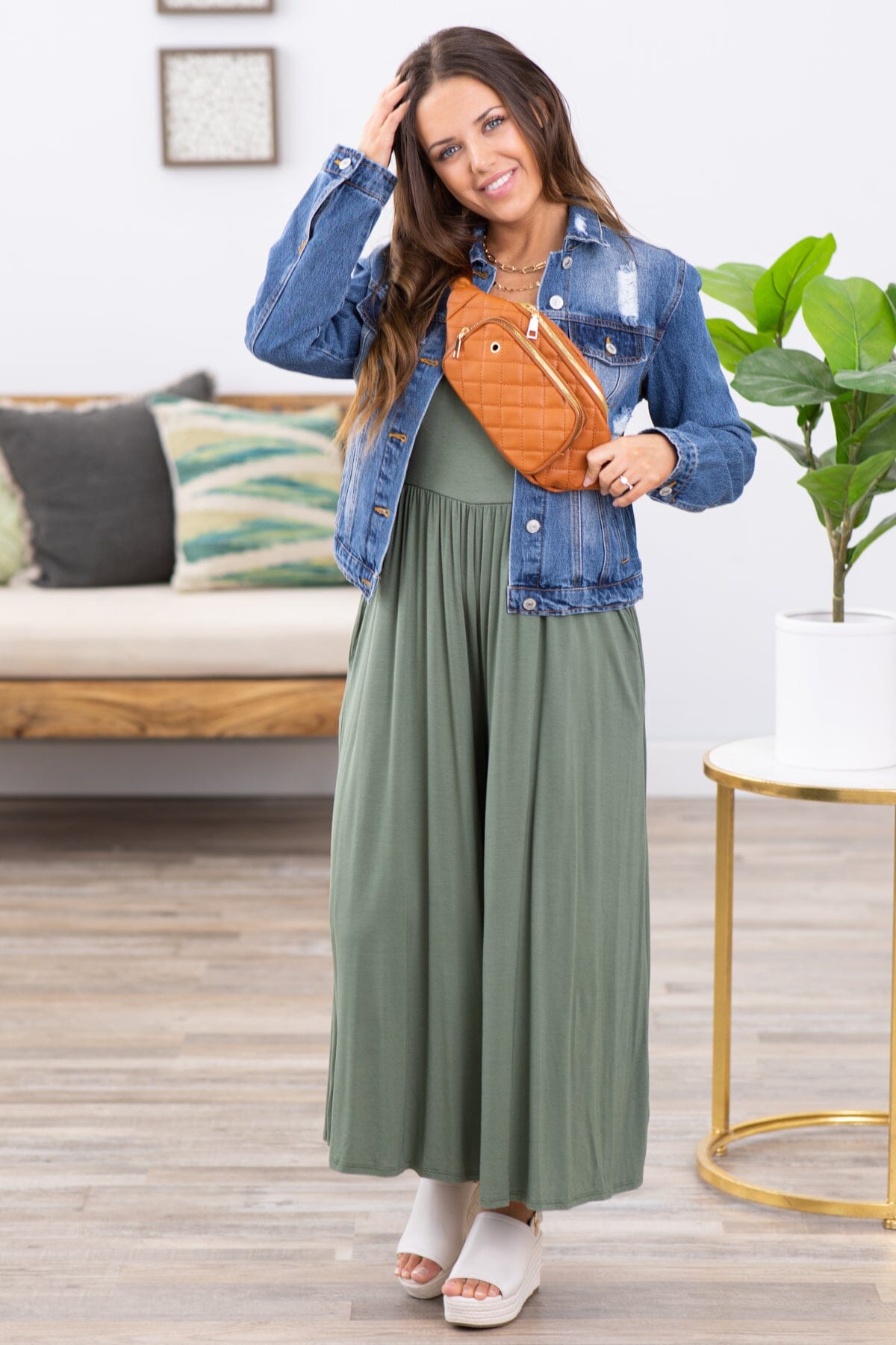 Olive Fit and Flare Wide Leg Jumpsuit