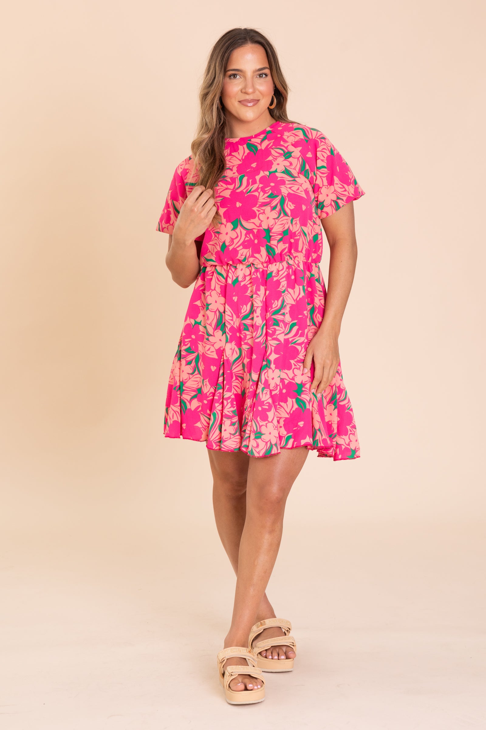 Hot Pink Floral Woven Dress With Elastic Waist