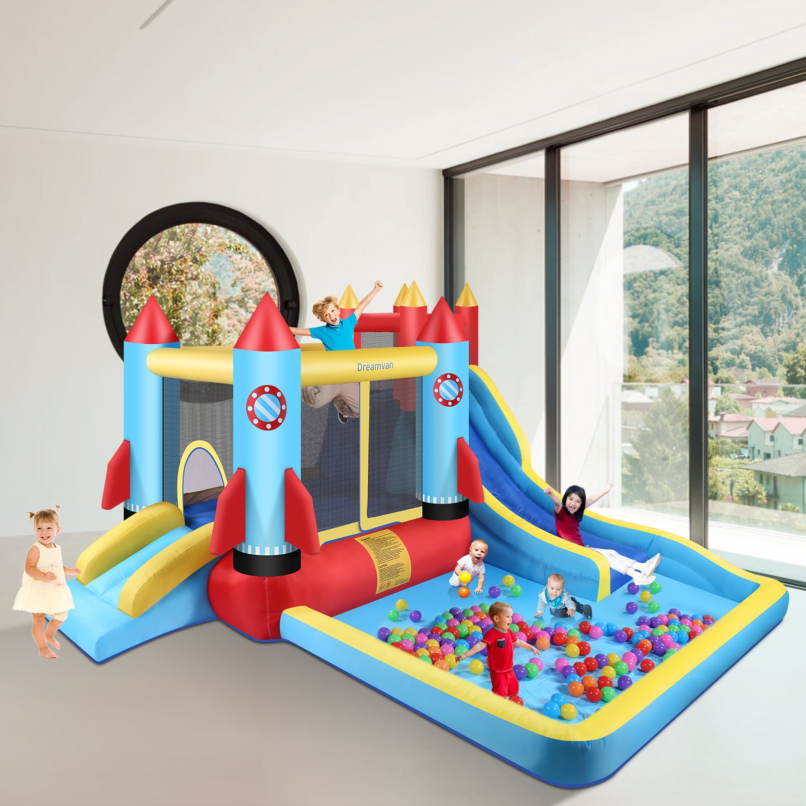 Inflatable Bounce House with Blower Children Bouncer with Large Bounce Area， 2 Slides， Climbing Wall， Play Pool， Water Slide， Park/Castle Theme