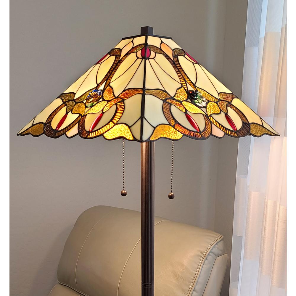 HomeRoots 478097 62 in. Two Lights Traditional Shaped Floor Lamp with Brown & White Stained Glass Cone Shade, Brown