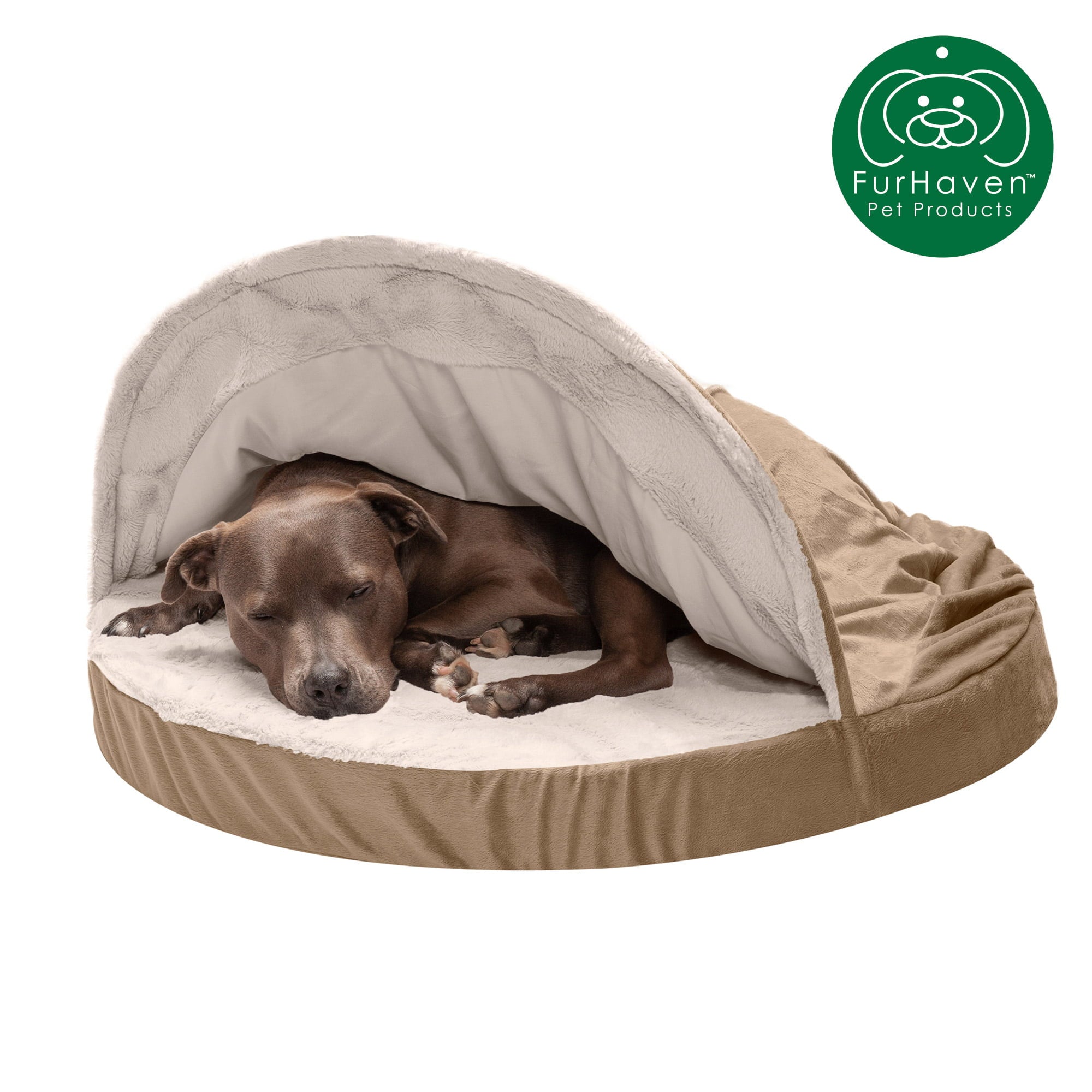 FurHaven Pet Dog Bed | Orthopedic Wave Fur and Velvet Snuggery Burrow Pet Bed for Dogs and Cats， Brownstone， 35