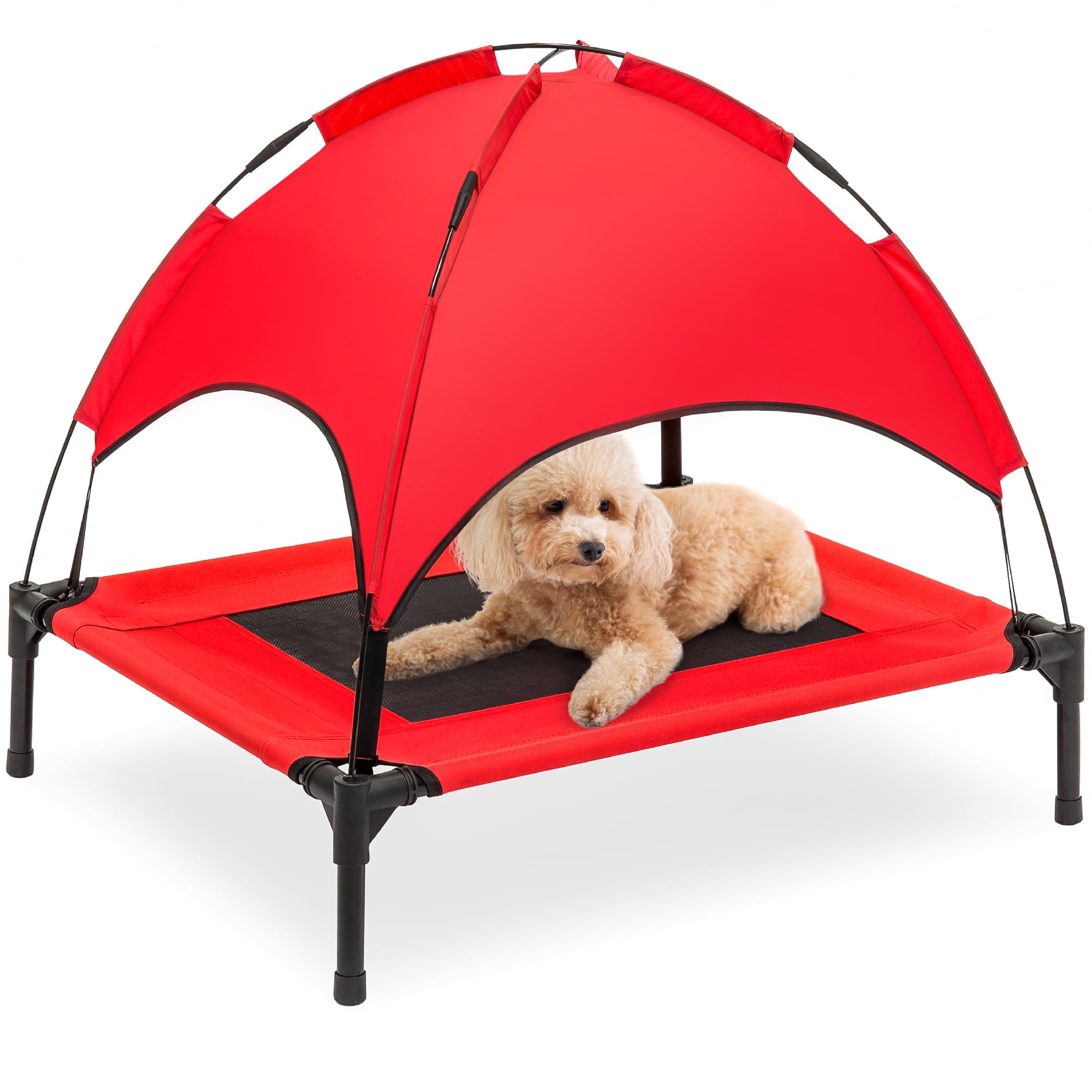 Best Choice Products 30in Elevated Cooling Dog Bed， Outdoor Raised Mesh Pet Cot w/ Removable Canopy， Carrying Bag - Red