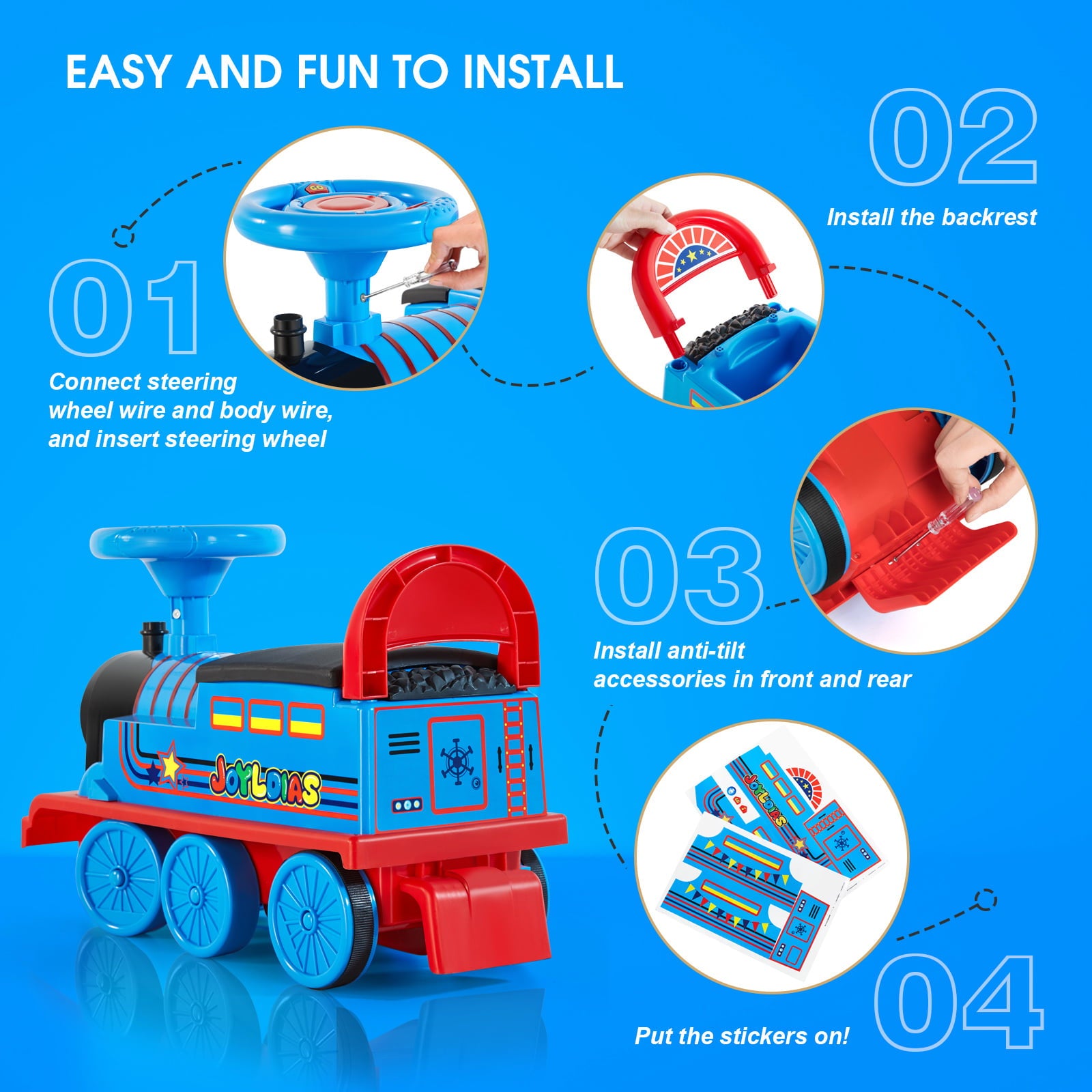 JOYLDIAS 6V Electric Ride on Train for Kids with Curved Tracks， Songs， Stories， Lights， Horns， Storage and Foot Pedals， Blue