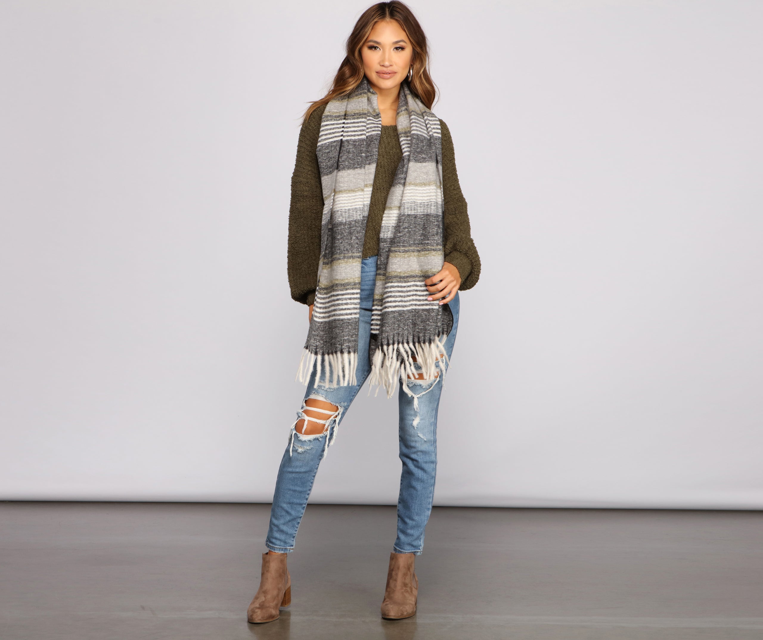 Sweet In Stripes Knit Fringe Blanket Scarf