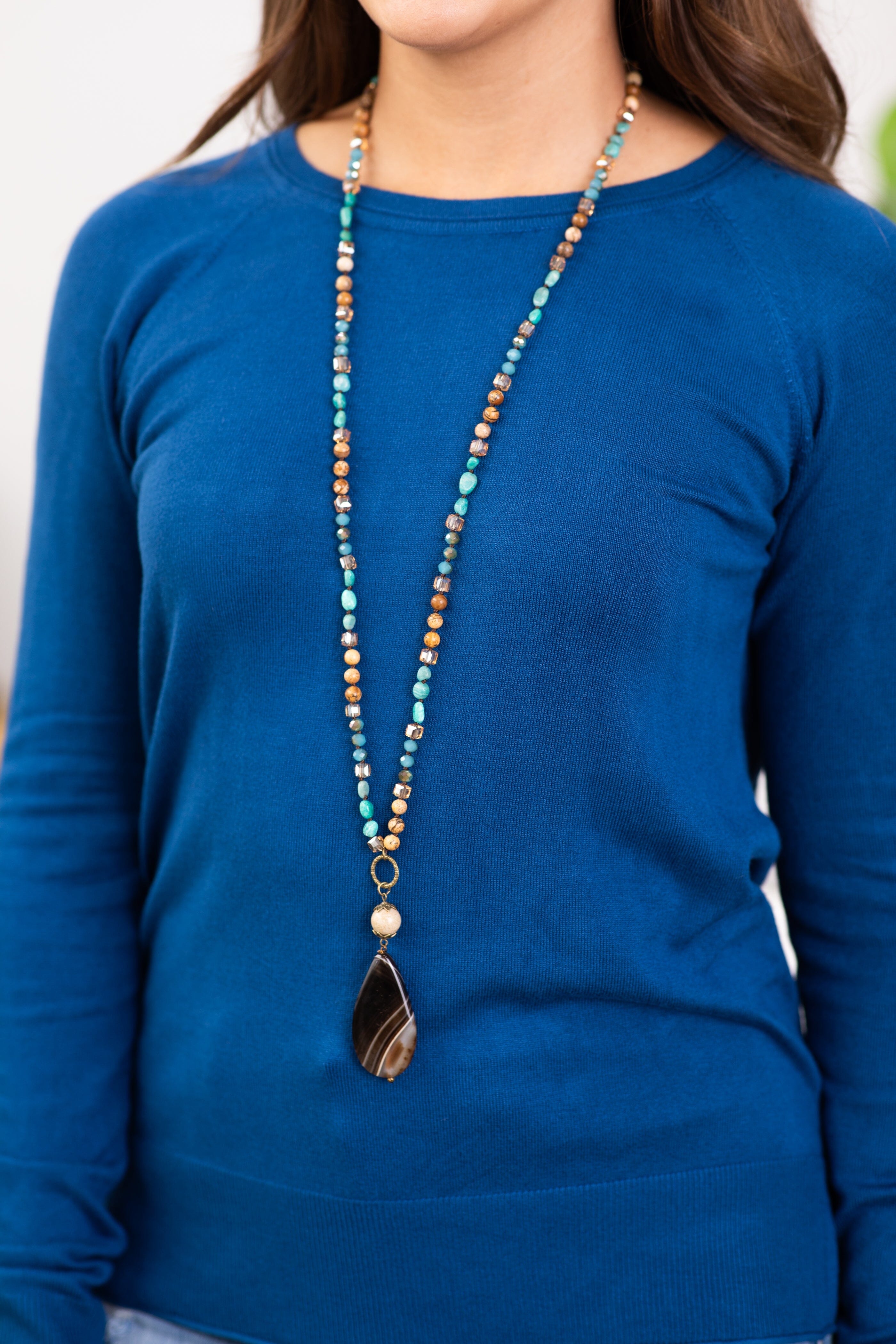 Turquoise and Brown Beaded Long Necklace