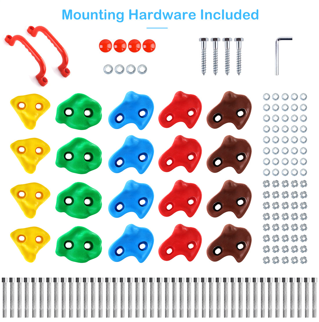 Sekkvy 20 PCS Rock Climbing Holds for Kids Wall Climb with 9.8 Ft Climbing Rope and 2 Handles Indoor Outdoor Colorful Playset Includes Mounting Hardware