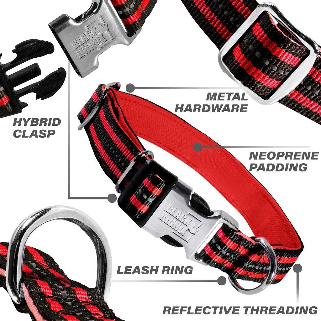 Black Rhino - Classic Striped Adjustable Dog Collar for Small Medium Large Breeds | 3m Reflective Threading | 4 Bright Colors - Matching Leashes Sold Separately (Red Striped， Small)
