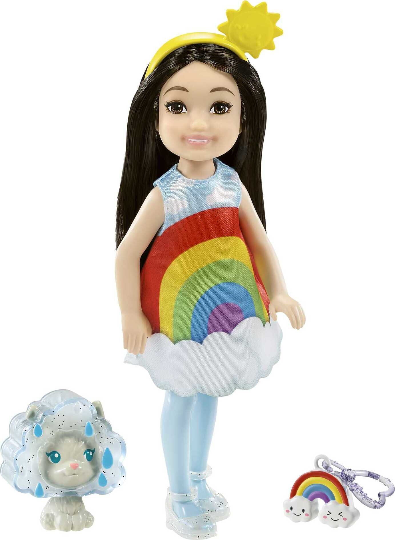 Barbie Chelsea Doll, Brunette Small Doll with Rainbow Costume, Pet Kitten, Charm & Accessories