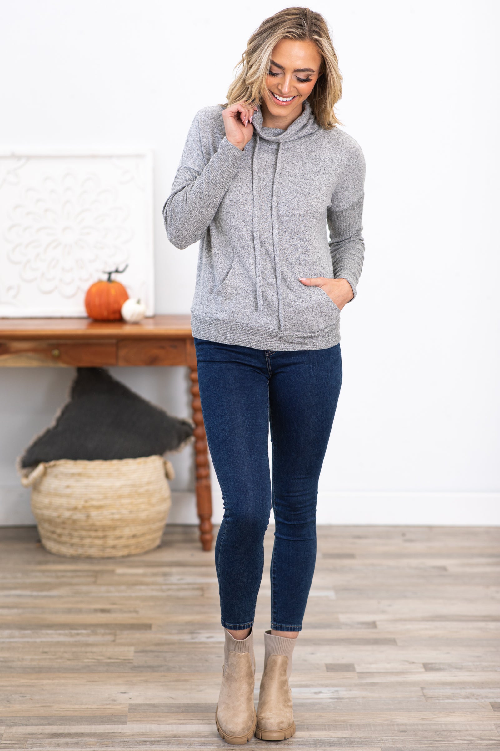 Light Grey Cowl Neck Top With Kangaroo Pocket