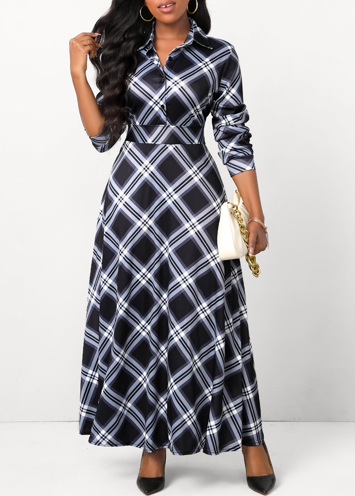 Plaid Button Black Shirt Collar Maxi Dress