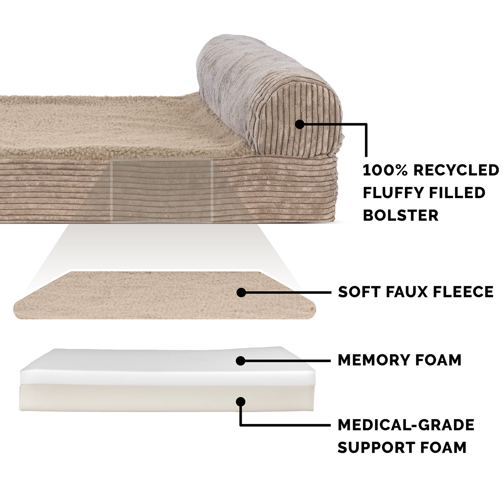 FurHaven | Memory Foam Corduroy Faux Fleece and Corduroy Chaise Lounge Pet Bed for Dogs and Cats， Sandstone， Small