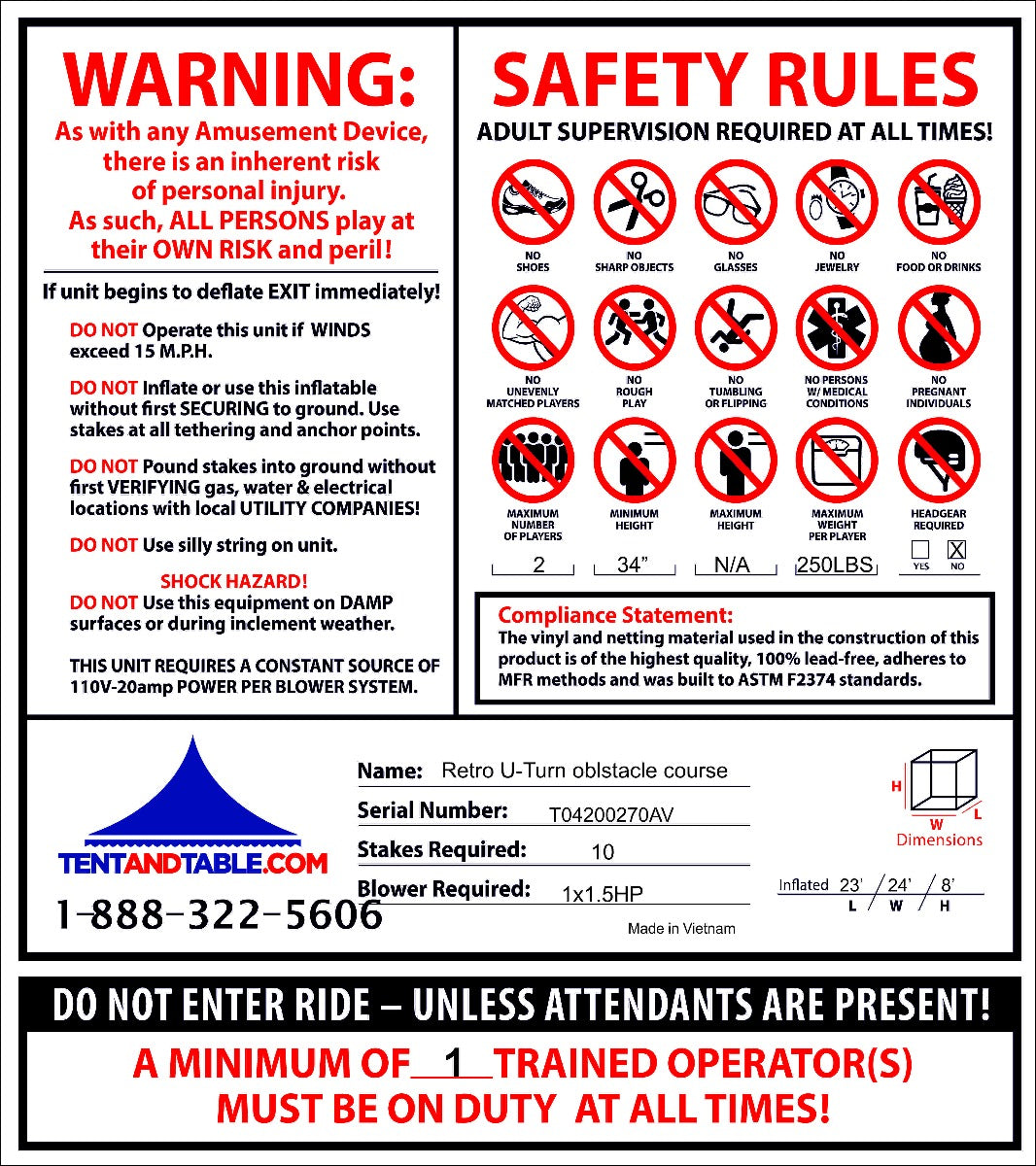 TentandTable 30' Commercial Inflatable Obstacle Course， Retro U-turn