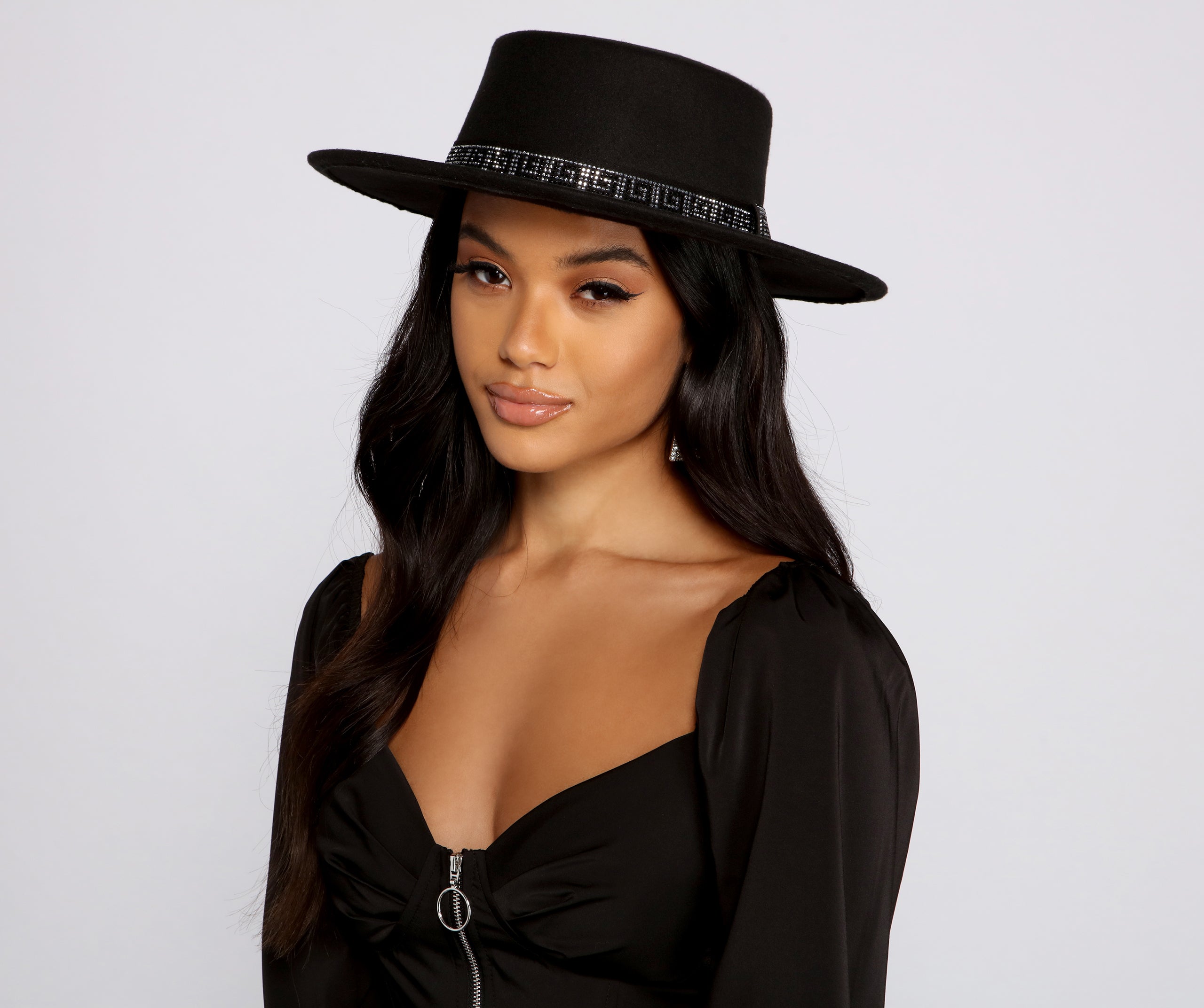 Rhinestone Greek Key Boater Hat