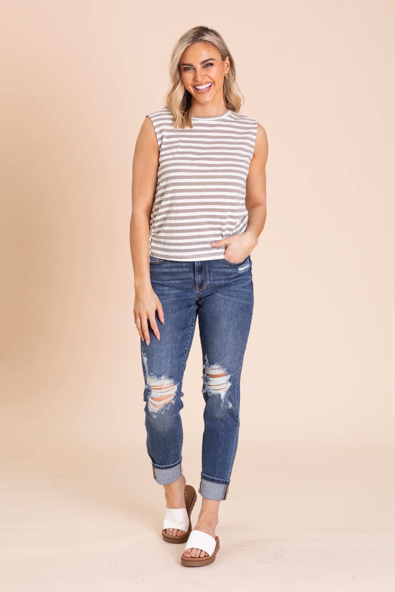 Grey Striped Slub Knit Top With Side Cinch