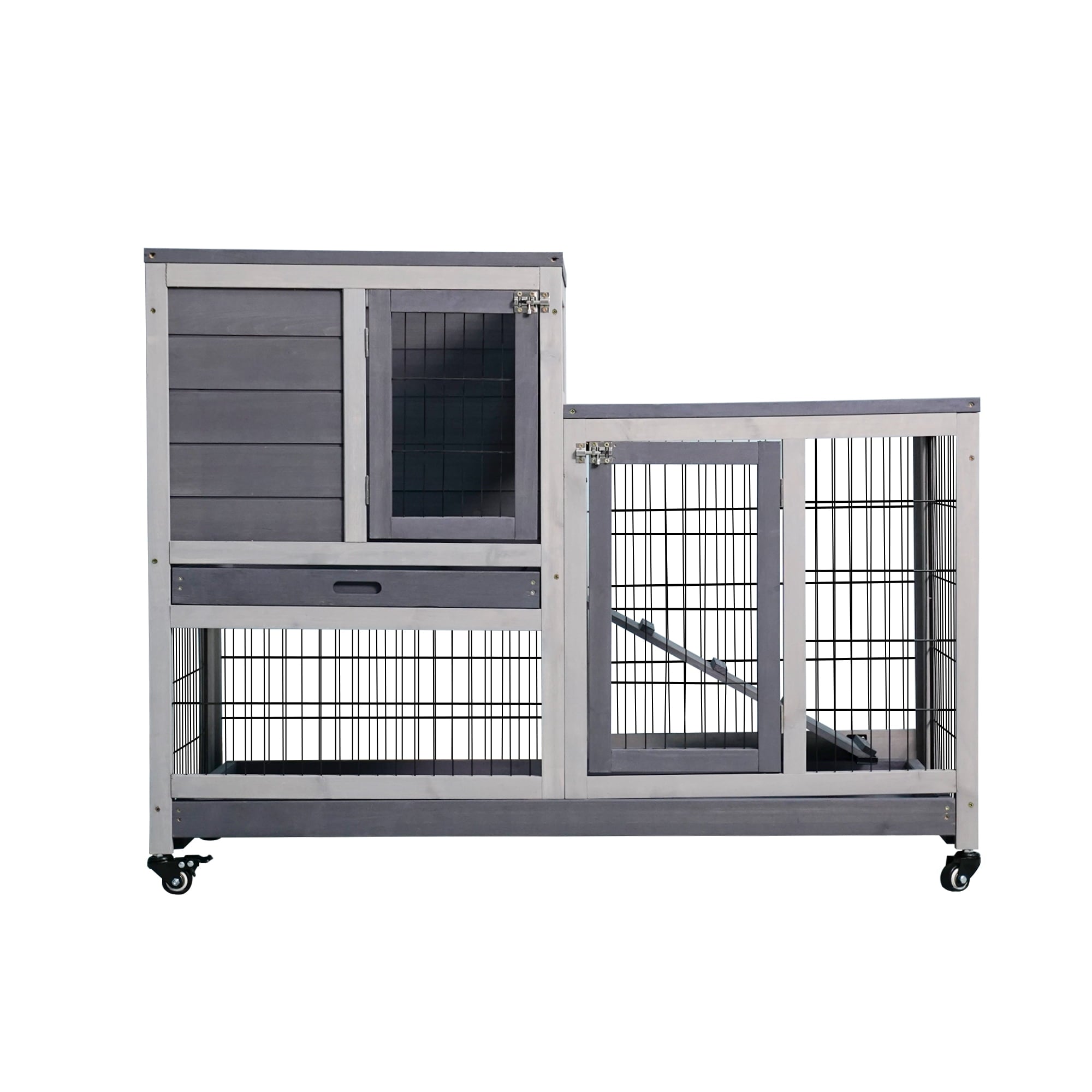 Electronn Removable Tray Ramp wooden outdoor rabbit hutch small animal coop with running cage with Enclosed Run with Wheels， Ramp， Removable Tray Ideal