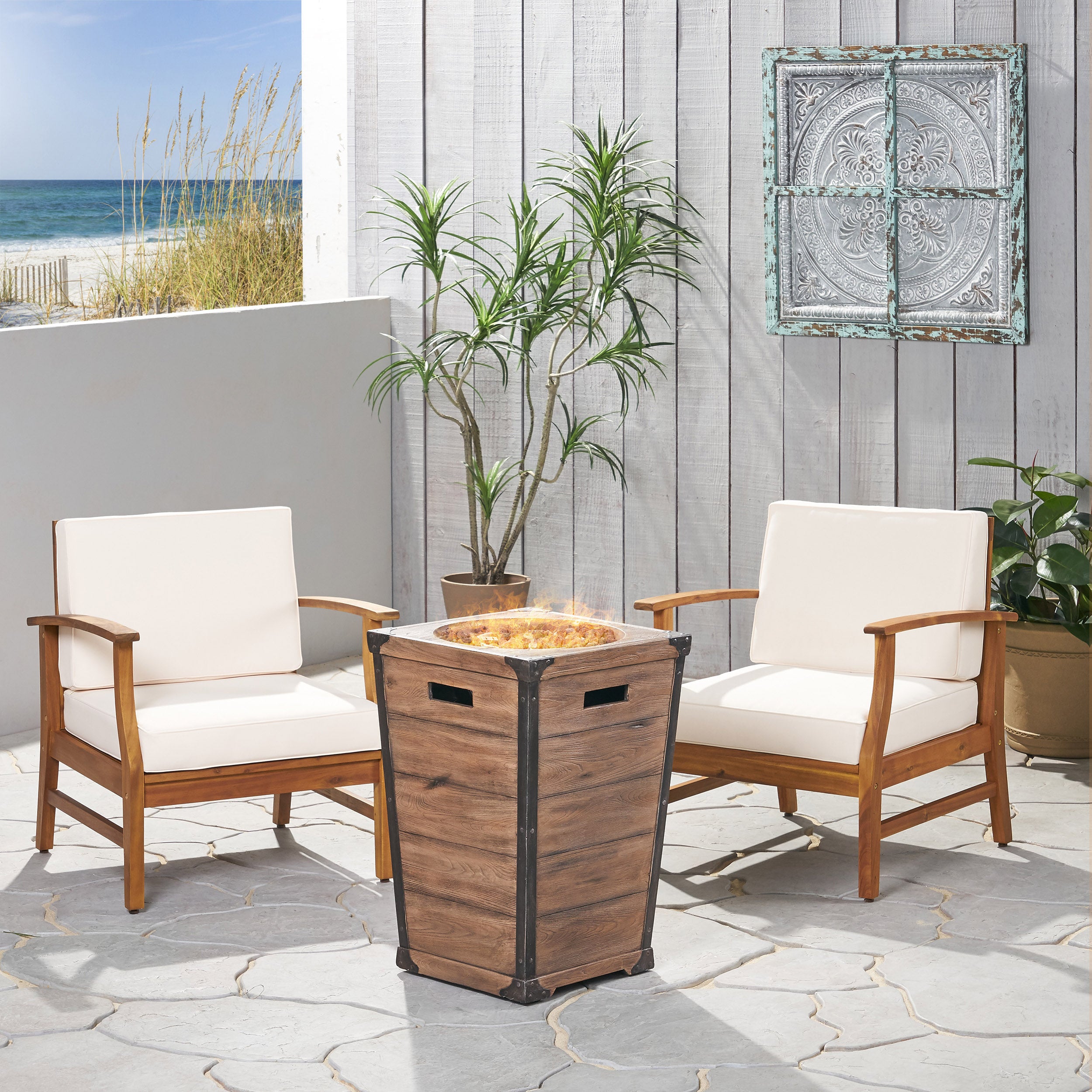 Capri Outdoor 2 Piece Acacia Wood Club Chair Set with Cushions and Fire Column