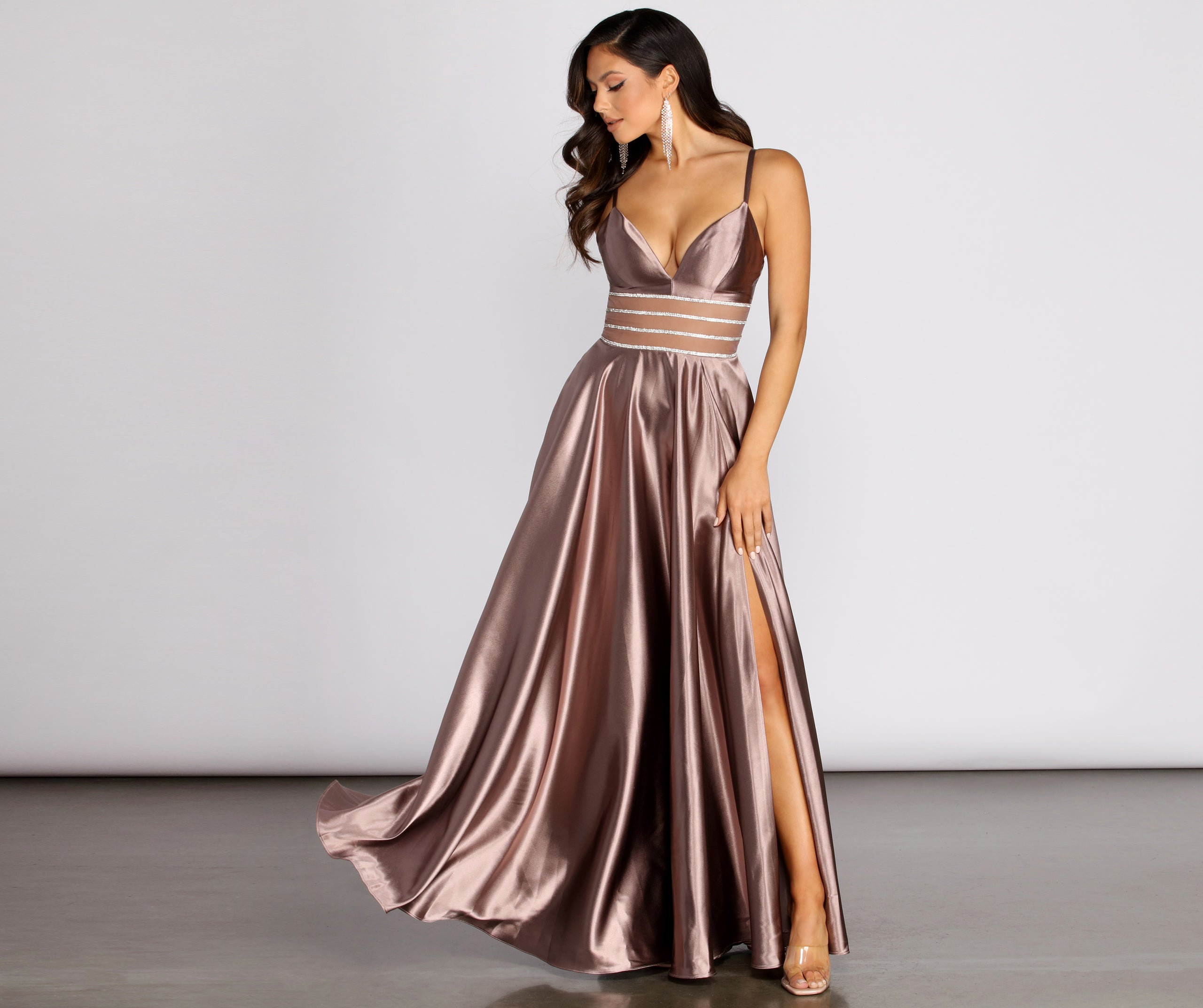 Delaney Satin Triple Rhinestone Trim A-Line Dress