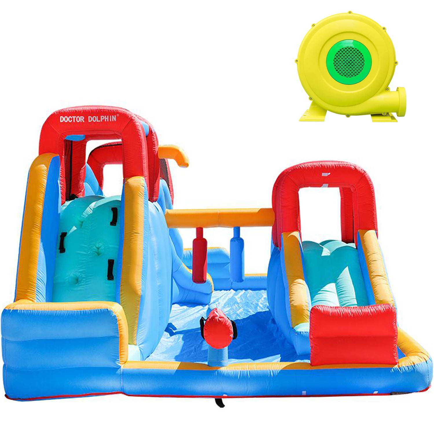FBSPORT Inflatable Jumper Bounce House Plus Heavy Duty Blower，Slide Bouncer with 750W Air Blower， Jumping Bouncy Castle with Slide Indoor Outdoor for Kids