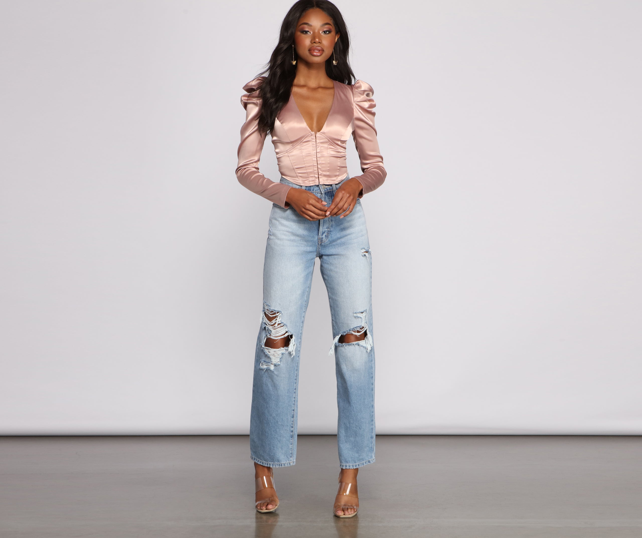 Chic Satin Puff Shoulder Corset Top