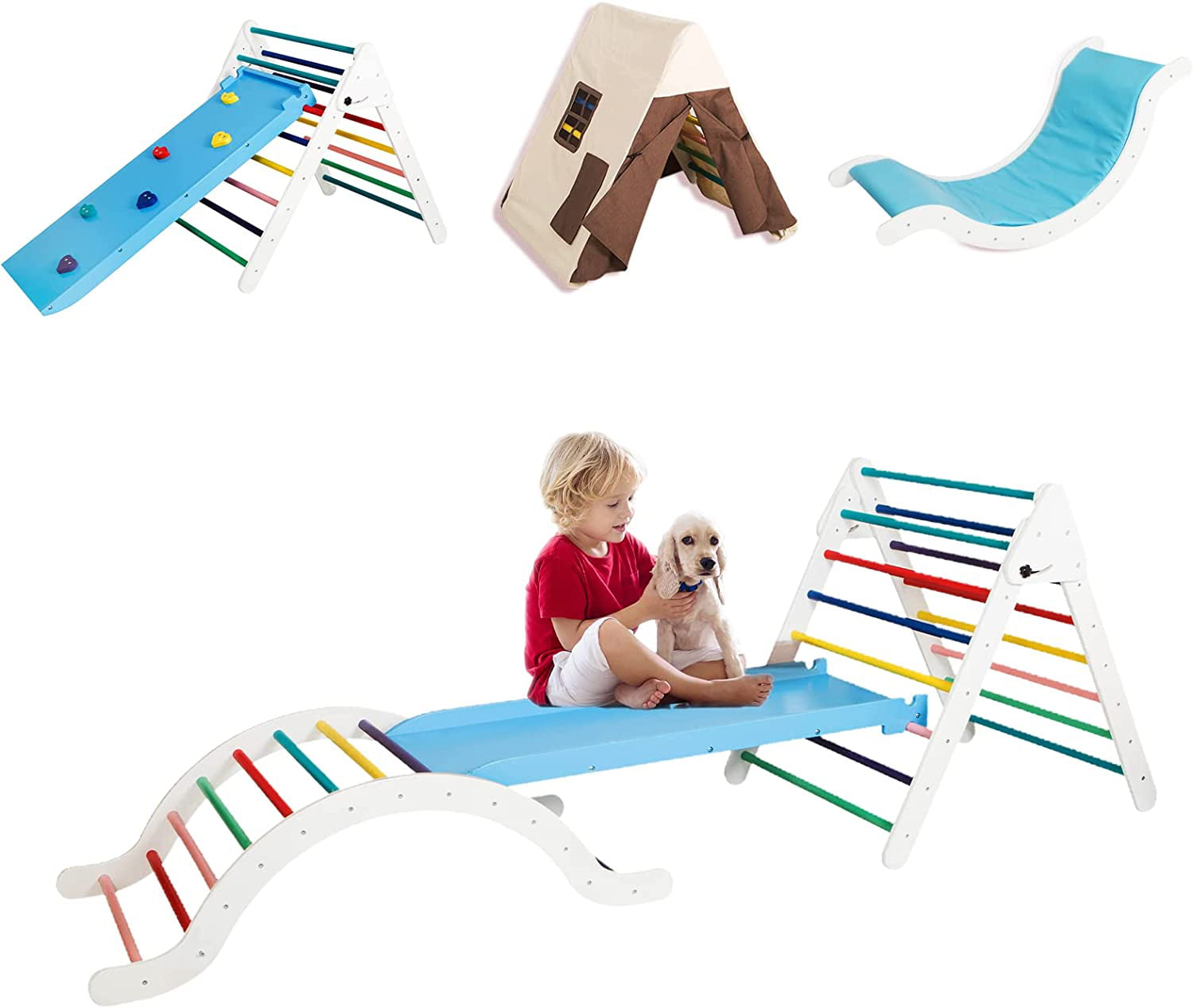 Large Climbing Triangle Set for Kids and Toddlers， Foldable Indoor Triangle Climber with Ramp and Climbing Arch
