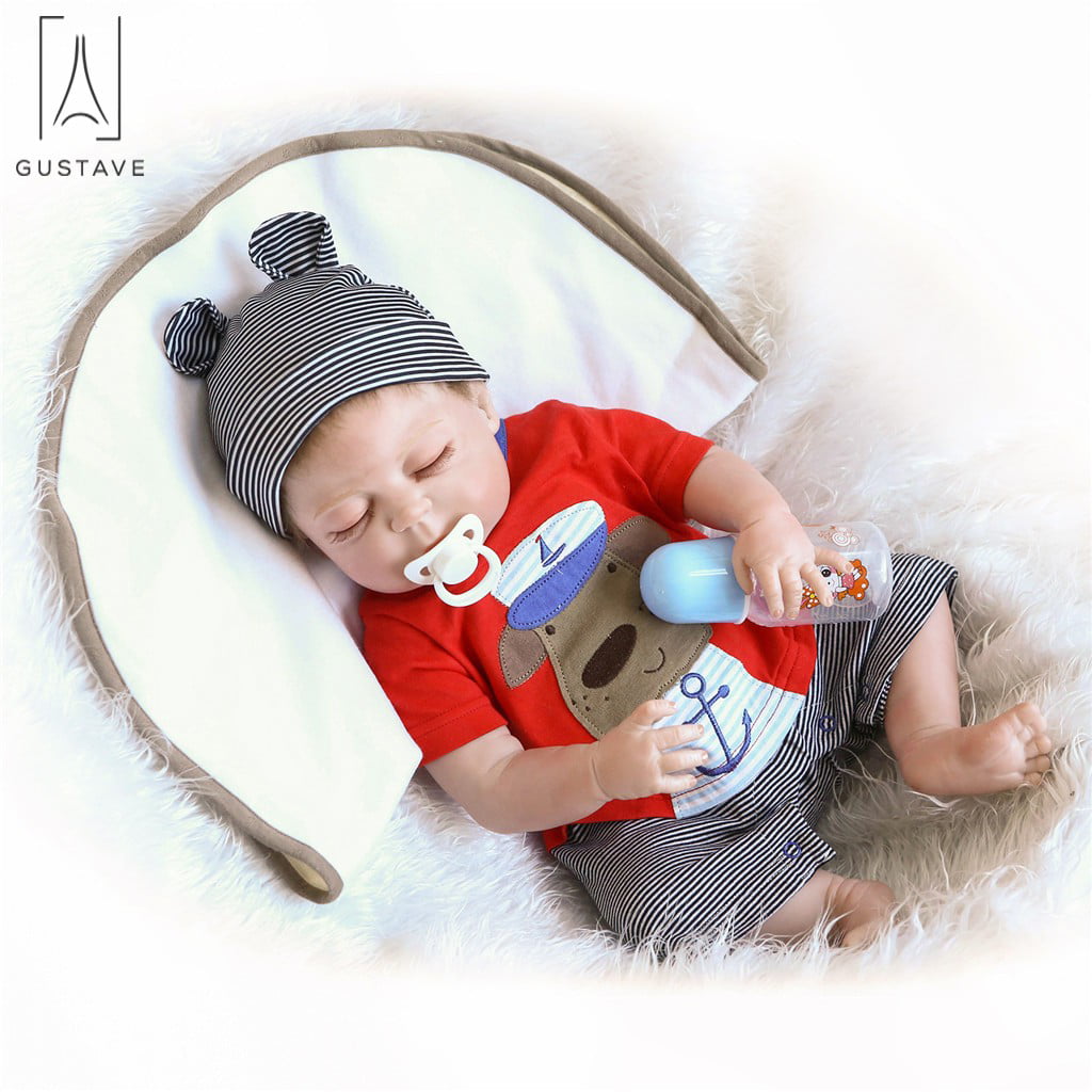 Gustave 22 Inch Reborn Baby Dolls Real Full Body Silicone Lifelike Sleeping Boy Dolls with Red Clothes