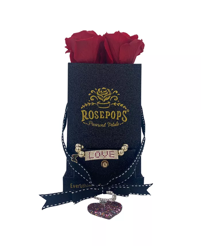 Rosepops Black Glitter Square Box with Drawer and 4 Red Real Preserved Roses