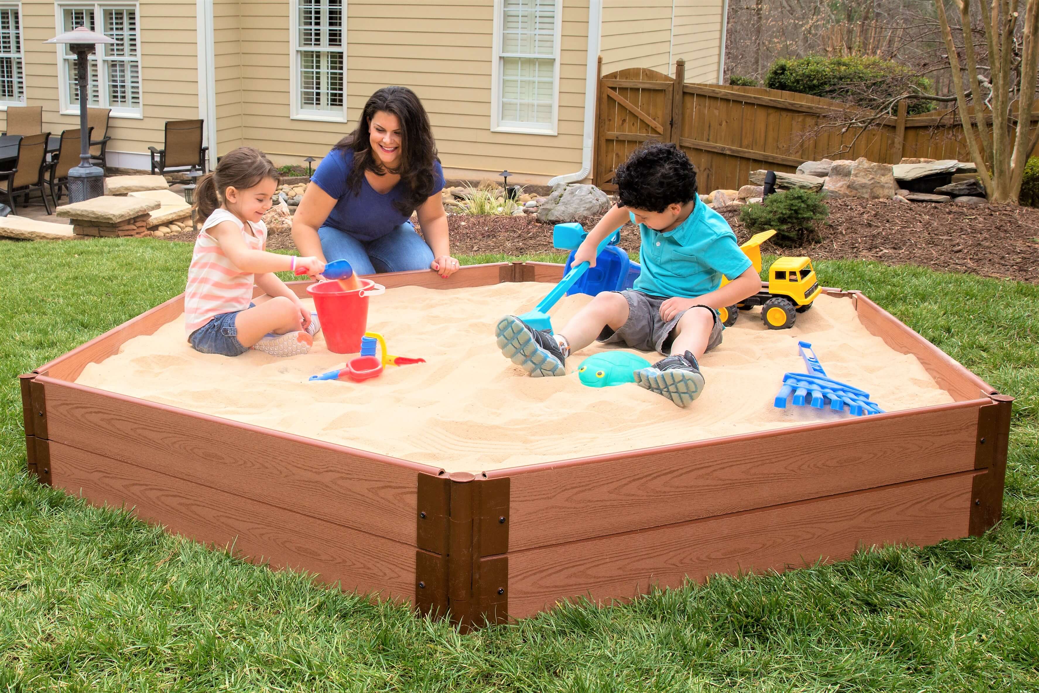 Frame It All Tool- Free Classic Sienna 7ft. x 8ft. x 11in. Composite Hexagon Sandbox Kit with Collapsible Cover - 1