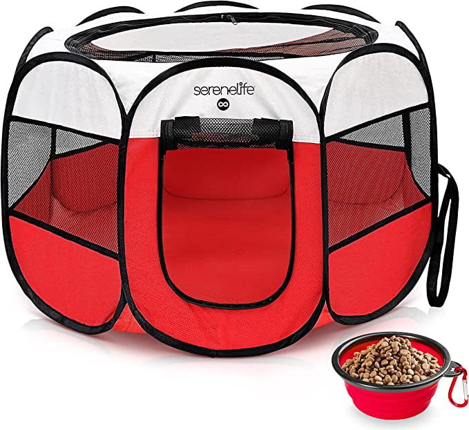 SereneLife 8-Panel Cat Dog Mesh Exercise Playpen Large Portable Foldable Pet Tent