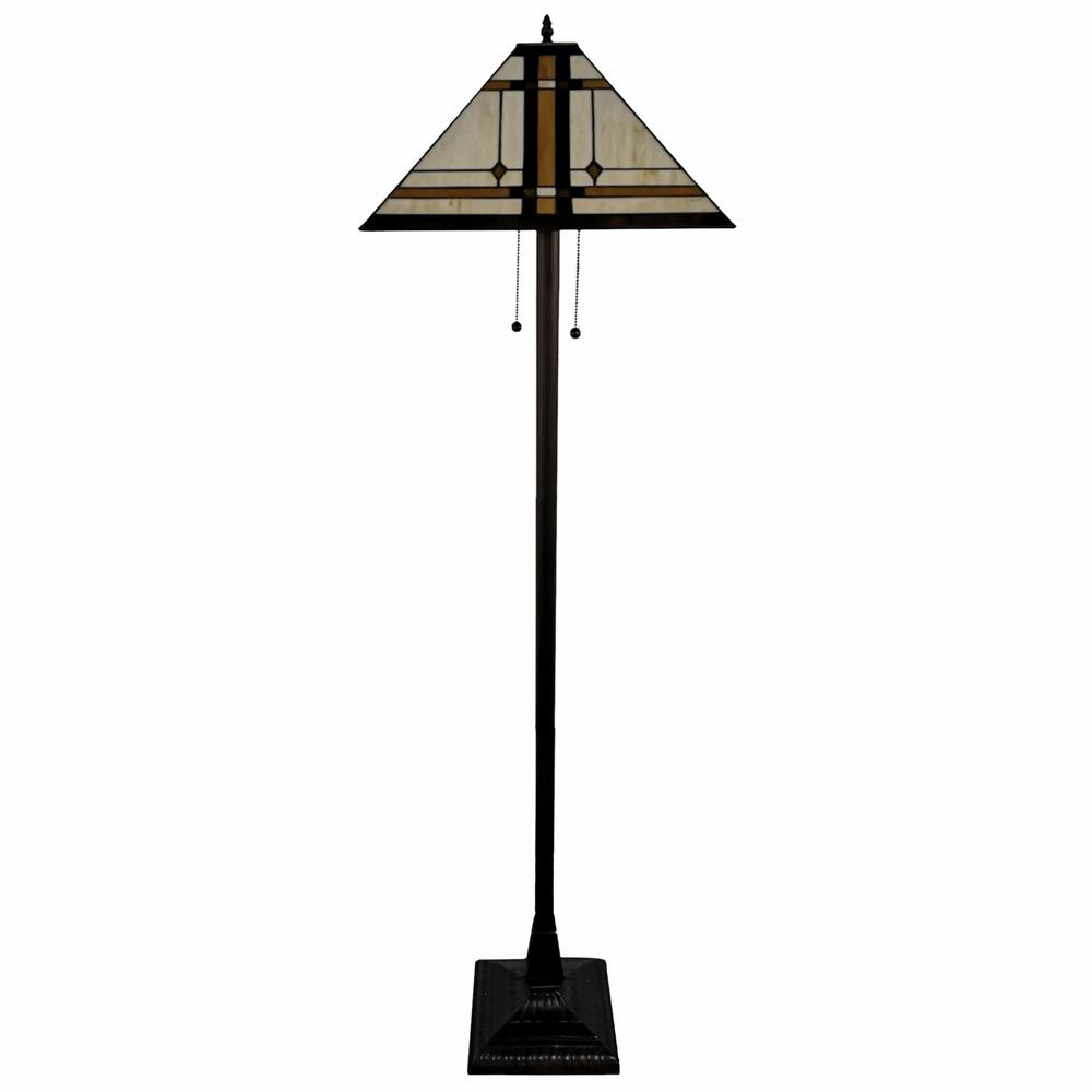 HomeRoots 478077 62 in. Two Lights Traditional Shaped Floor Lamp with Brown & White Stained Glass Cone Shade, Brown