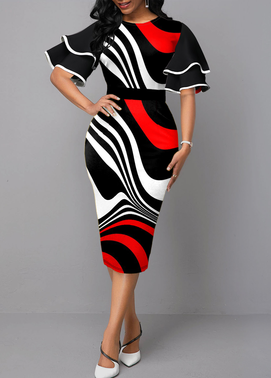 Round Neck Flare Sleeve Color Block Dress