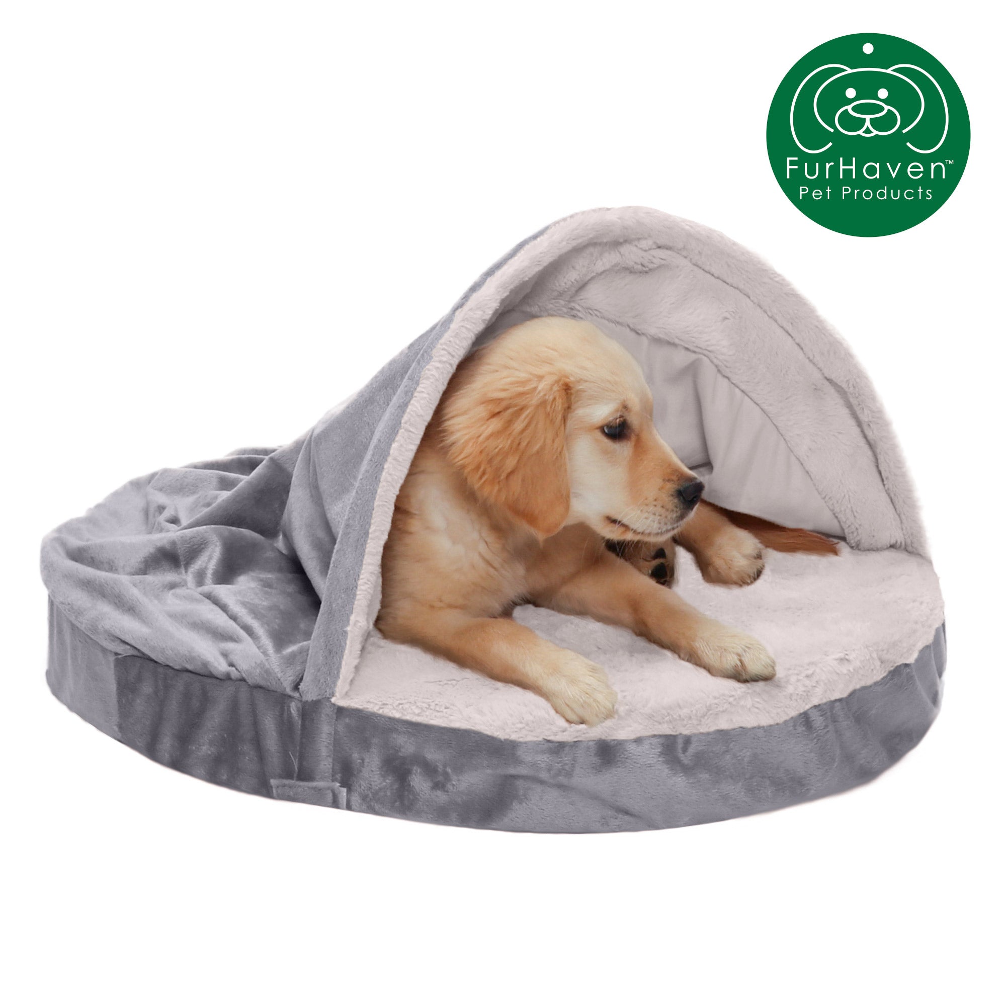 FurHaven | Memory Foam Wave Fur and Velvet Snuggery Burrow Pet Bed for Dogs and Cats， Dark Gray， 26-Inch
