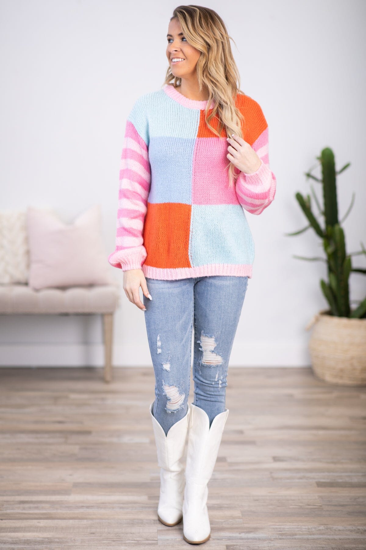 Pink and Blue Colorblock Stripe Sleeve Sweater