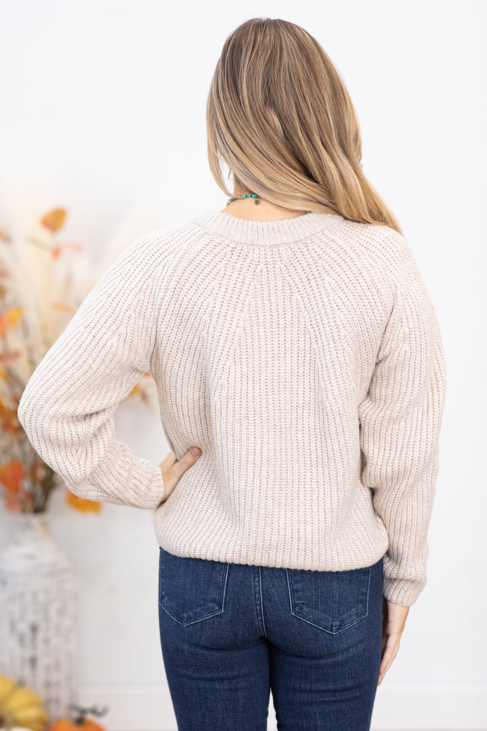 Beige Ribbed Round Neck Sweater